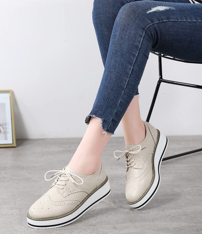 DADAWEN Women's Platform Lace-Up Wingtips Square Toe Oxfords Shoe Beige Leather US Size 8/Asia Size 40/25cm - Image 3
