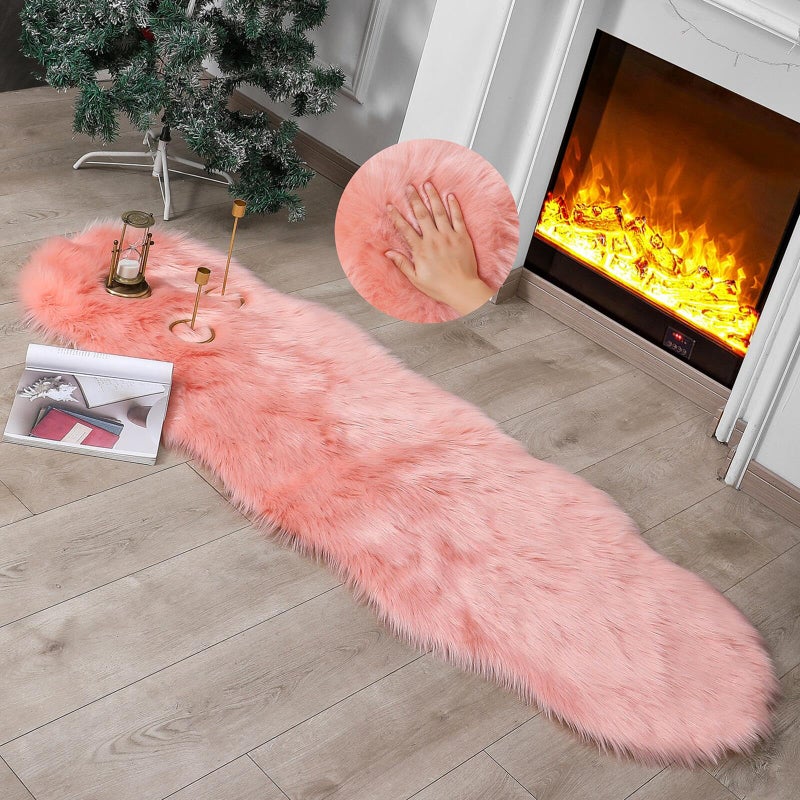 linmopm Faux Fur Rug Sheepskin Shag Fluffy Fuzzy Pink 2x6 ft Runner Rugs for Bedroom Bedside Bed Floor Living Room Plush High-Density Cushion Carpet Super Sofa Cover - Image 3