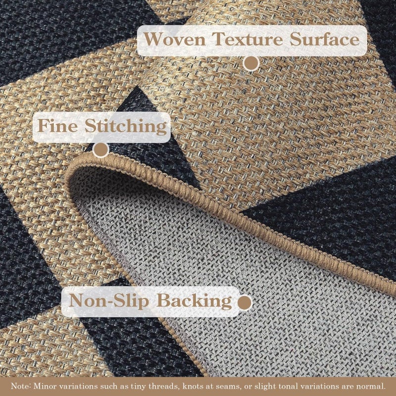 Lanffia Checkered Easy Jute Outdoor Rug, Black 3x5 Entryway Rugs for Living Room, Diamond Washable Indoor Outdoor Carpet, Neutral Non Slip Stain Resistant Front Door Carpet for Porch Patio - Image 2
