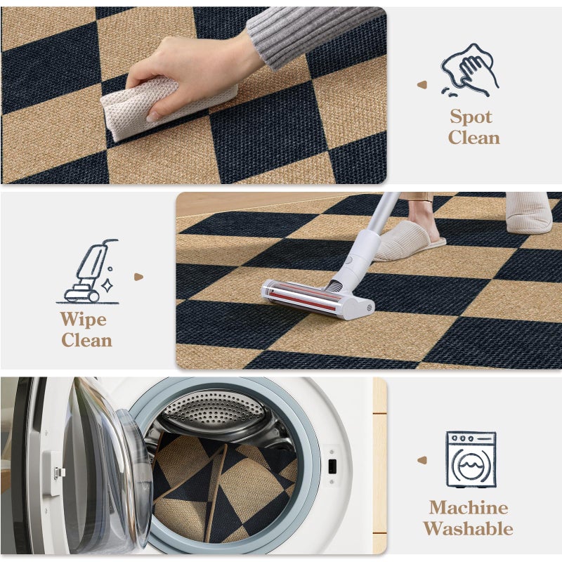 Lanffia Checkered Easy Jute Outdoor Rug, Black 3x5 Entryway Rugs for Living Room, Diamond Washable Indoor Outdoor Carpet, Neutral Non Slip Stain Resistant Front Door Carpet for Porch Patio - Image 4