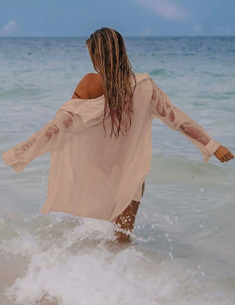 Bsubseach Long Sleeve Beach Shirt Blouses Women Turn Down Collar Bikini Bathing Suit Cover Ups Swimwear Apricot - Image 3