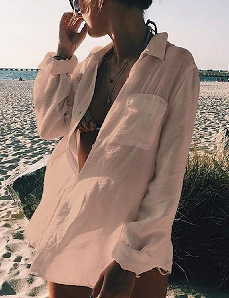 Bsubseach Long Sleeve Beach Shirt Blouses Women Turn Down Collar Bikini Bathing Suit Cover Ups Swimwear Apricot - Image 4