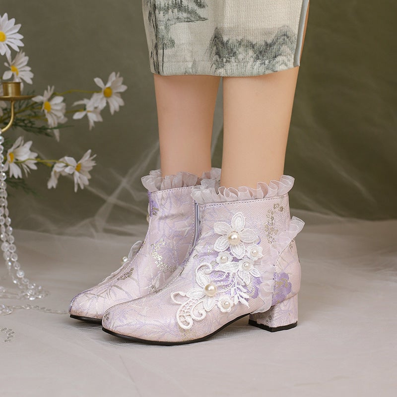 Supply In 2024 People'S New Chinese Clothing Lace 33-43 Sweet Pearl Cheongsam Low Boots Women - Image 4