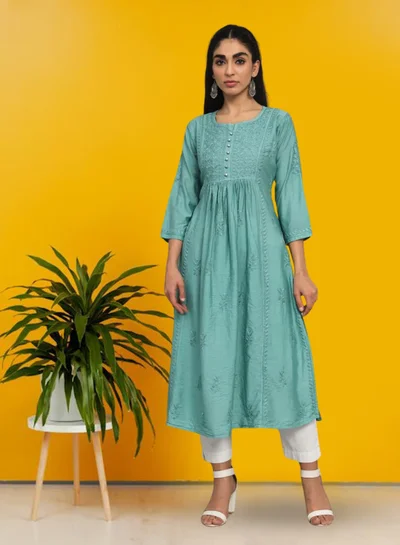 Alaya Hand Embroidered Chikankari Cotton Chanderi A-Line Kurta-AL3608
