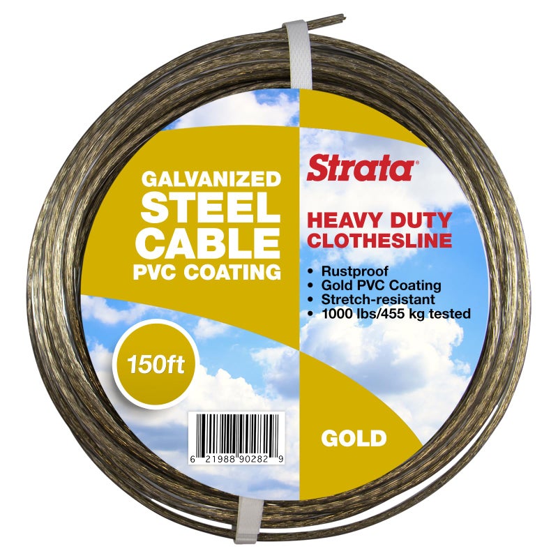 Strata 150 Feet Clothesline Outdoor Heavy Duty Galvanized Wire Steel Cable, Gold PVC Coating - Clothes Line Wires for Outside Laundry Drying - Image 1