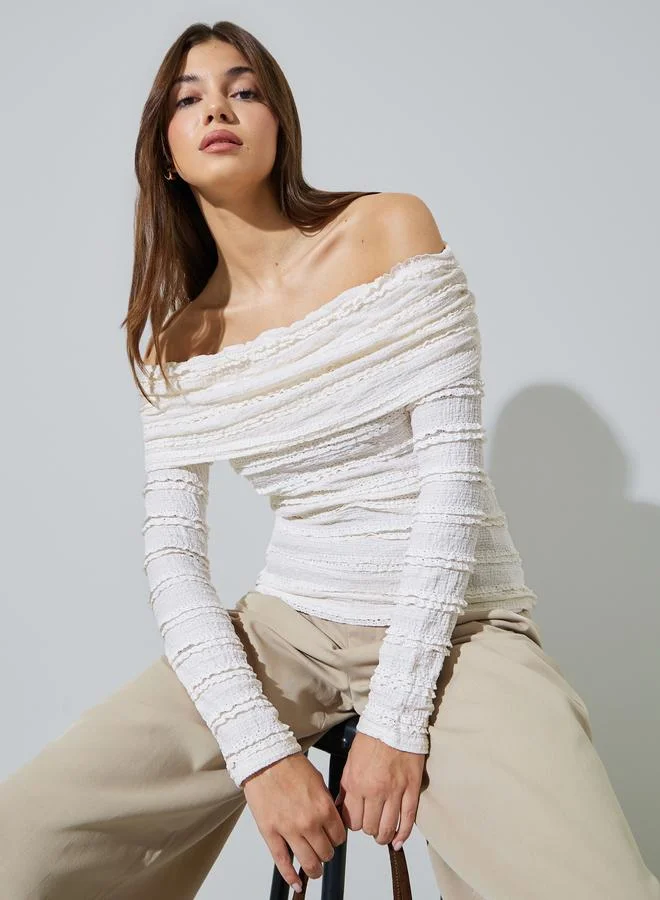 Styli Off-White Textured Long Sleeve Off-Shoulder Knit Top