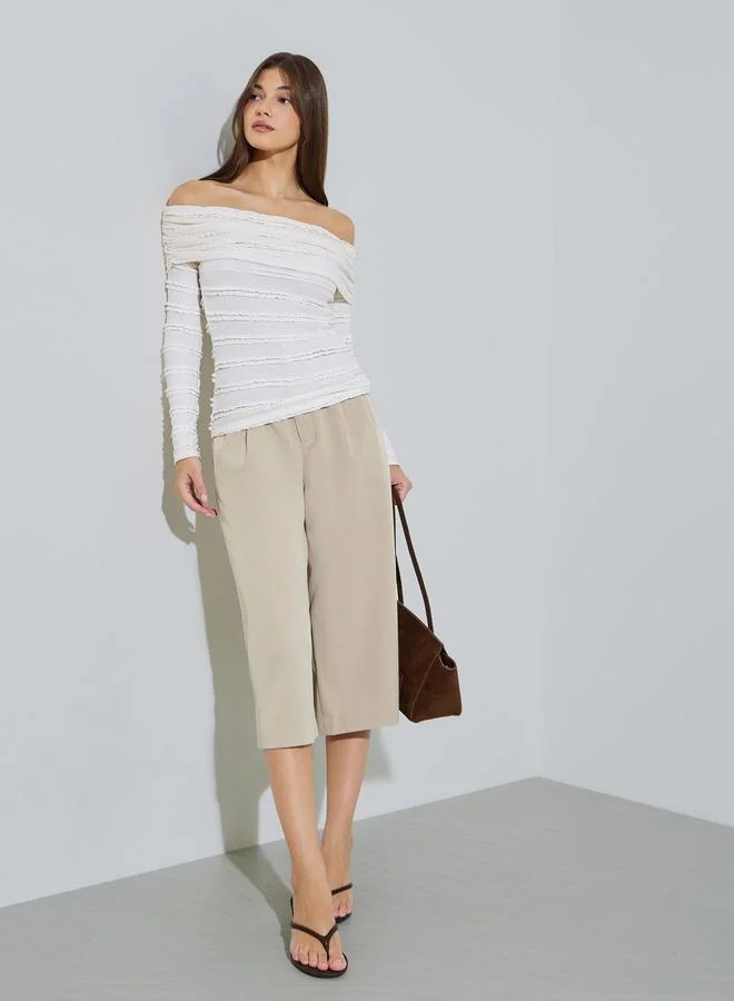 Styli Off-White Textured Long Sleeve Off-Shoulder Knit Top