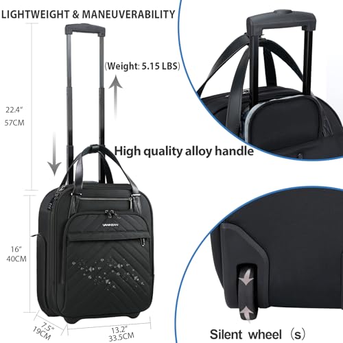VANKEAN Carry On Underseat 16-inch Multi-functional Underseater Lightweight Overnight Suitcase with Wheels Roller Case for Women Men Travel Business, Black - Image 3