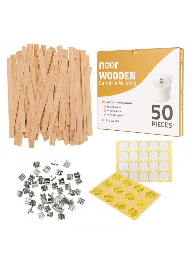 NOOR Crackling Wooden Wicks for Candles - Pack of 50 Pcs 5.1 x 0.5 inch Wood Wicks with Metal Sustainers, EVA Stickers and Warning Labels - Eco-Friendly Wooden Candle Wick - Image 1