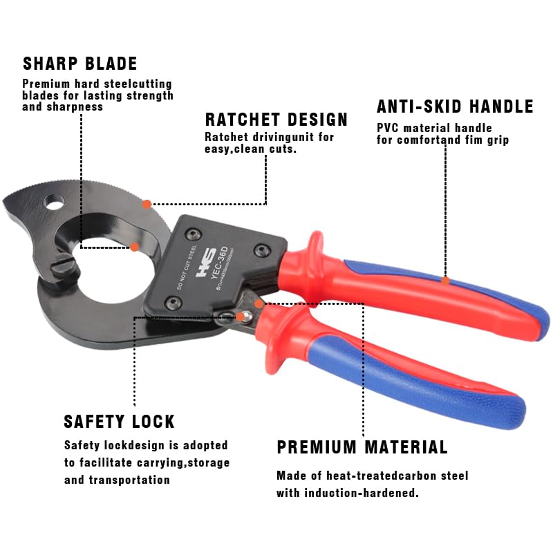 HKS Ratchet Cable Wire Cutter Heavy Duty for Cutting Electrical Aluminum Copper and Multi-core Cables up to 300mm² (AWG 600MCM) - Image 2
