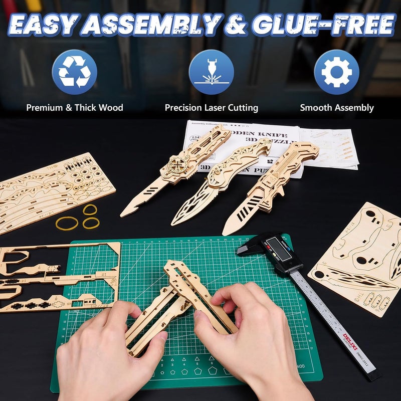 3D Wooden Puzzle for Adults: 3-in-1 DIY Wooden Puzzle Knife Kit - 134 Pcs Brain Teaser Mechanical Model Building Toy for Adult Hobby - Wooden Craft Art Unique Gift Idea for Teens Men - Image 4