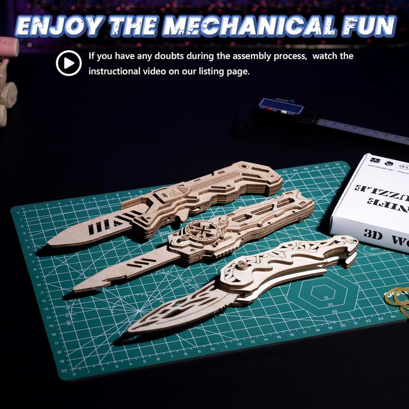 3D Wooden Puzzle for Adults: 3-in-1 DIY Wooden Puzzle Knife Kit - 134 Pcs Brain Teaser Mechanical Model Building Toy for Adult Hobby - Wooden Craft Art Unique Gift Idea for Teens Men - Image 5