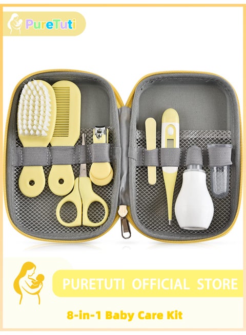 Baby Grooming Kit, 8 in 1 Baby Safety Care Kit with Baby Brush Comb Nail Clipper Finger Toothbrush Scissors etc, Nursery Health Care Set for Newborns Infant，Newborn must haves（Yellow）