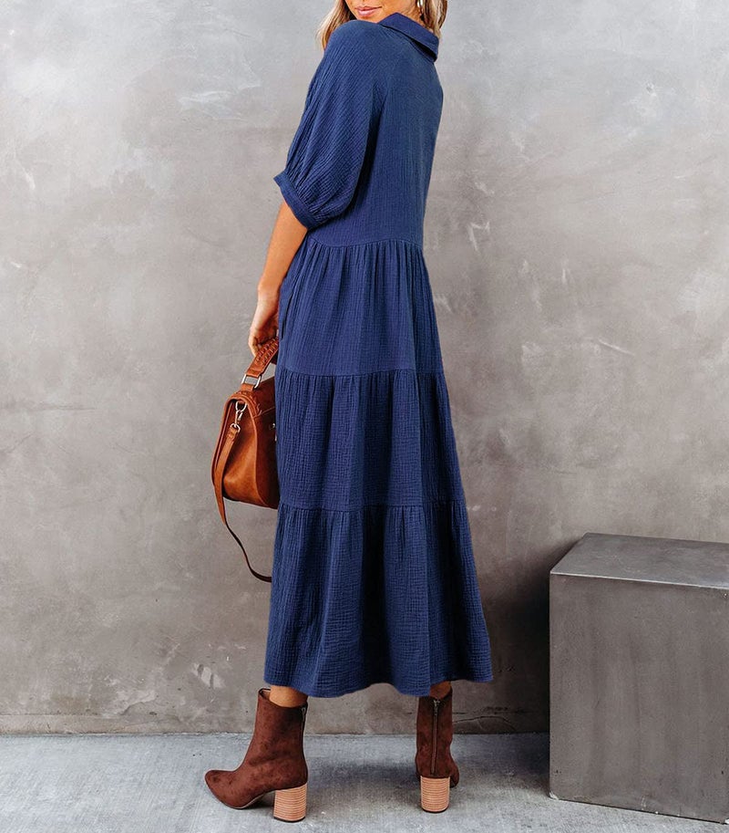 R.Vivimos Women's Summer Cotton Half Sleeves Button Down Casual Loose Slit Midi Dress with Pockets (X-Large, NavyBlue) - Image 2