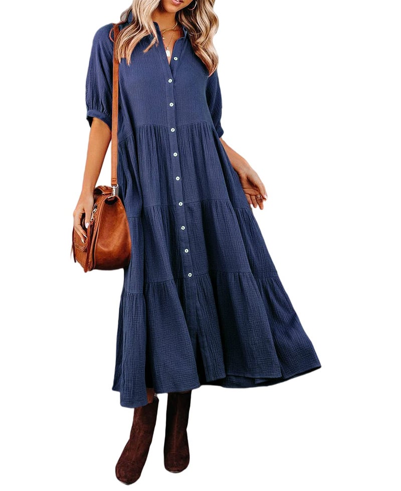 R.Vivimos Women's Summer Cotton Half Sleeves Button Down Casual Loose Slit Midi Dress with Pockets (X-Large, NavyBlue) - Image 1