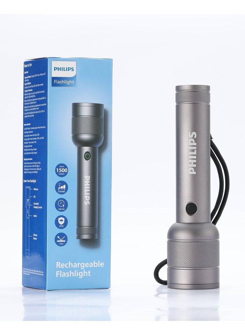Philips Aluminium Alloy Long Range LED Rechargeable Flashlight | 1500 Lumens Ultra-Bright Beam | 400m Long Range | Stepless Dimming | Hidden Type-C Charging | IP55 Waterproof | Flashing & SOS Modes grey - Image 1