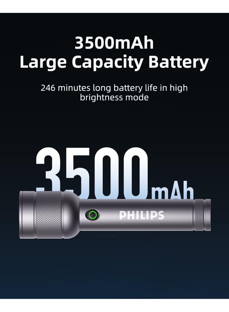 Philips Aluminium Alloy Long Range LED Rechargeable Flashlight | 1500 Lumens Ultra-Bright Beam | 400m Long Range | Stepless Dimming | Hidden Type-C Charging | IP55 Waterproof | Flashing & SOS Modes grey - Image 4