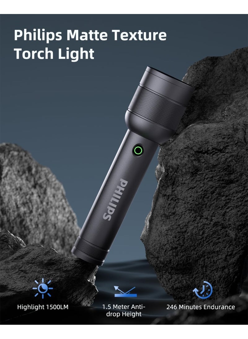 Philips Aluminium Alloy Long Range LED Rechargeable Flashlight | 1500 Lumens Ultra-Bright Beam | 400m Long Range | Stepless Dimming | Hidden Type-C Charging | IP55 Waterproof | Flashing & SOS Modes grey - Image 2
