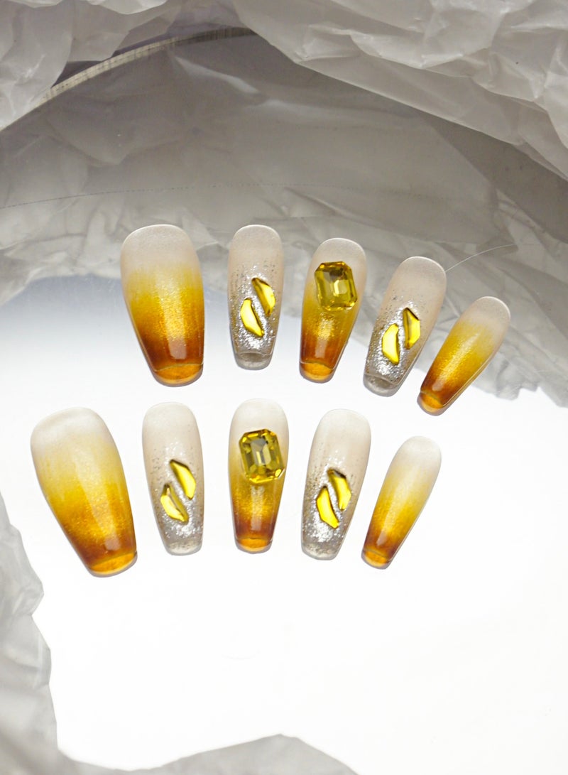 Artist Design/3D Sparkling Amber  (Handmade)/Press On nails/Luxury Hand Painted/Long Coffin/10 PCS/M Size - Image 1
