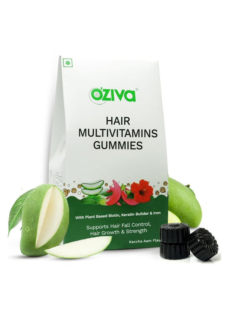 OZiva Biotin Hair Multivitamins Gummies For Stronger,Fuller,Shinier Hair|Hair Gummies With Keratin Builder,Iron&Vitamins B9,B6&D|Raw Mango Flavour|No Added Sugar (Pack Of 1,30 Gummies)  - Image 1