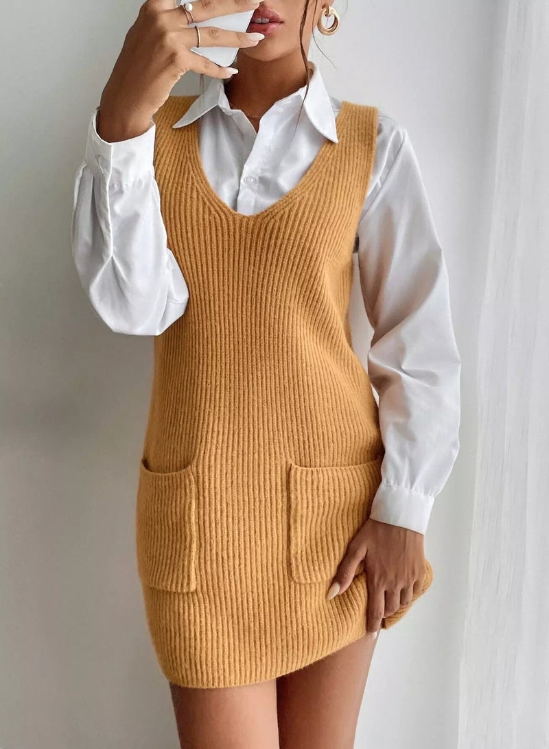 Ribbed Knit Patch Pocket Sweater Dress Without Blouse - Image 1