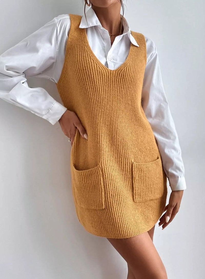 Ribbed Knit Patch Pocket Sweater Dress Without Blouse - Image 5