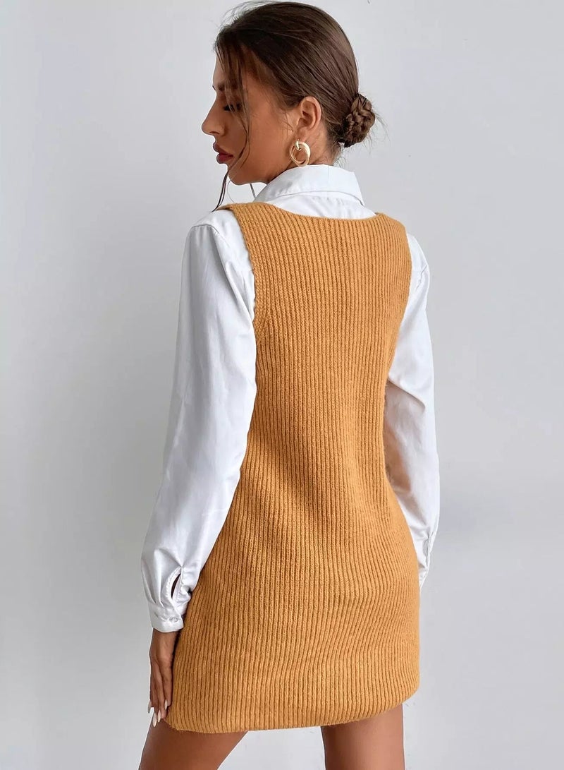Ribbed Knit Patch Pocket Sweater Dress Without Blouse - Image 2