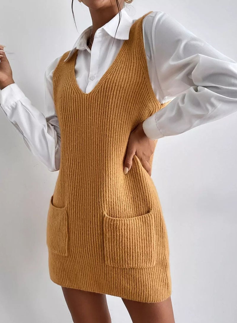 Ribbed Knit Patch Pocket Sweater Dress Without Blouse - Image 4