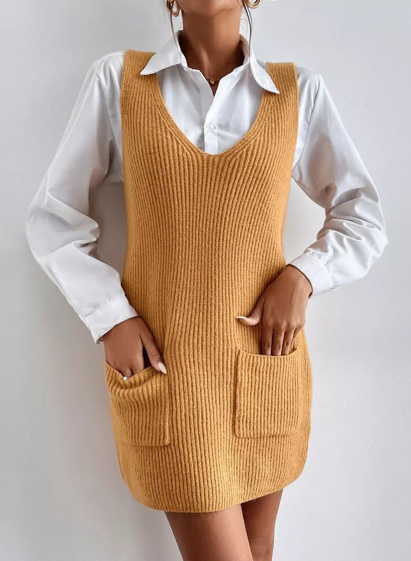 Ribbed Knit Patch Pocket Sweater Dress Without Blouse - Image 3