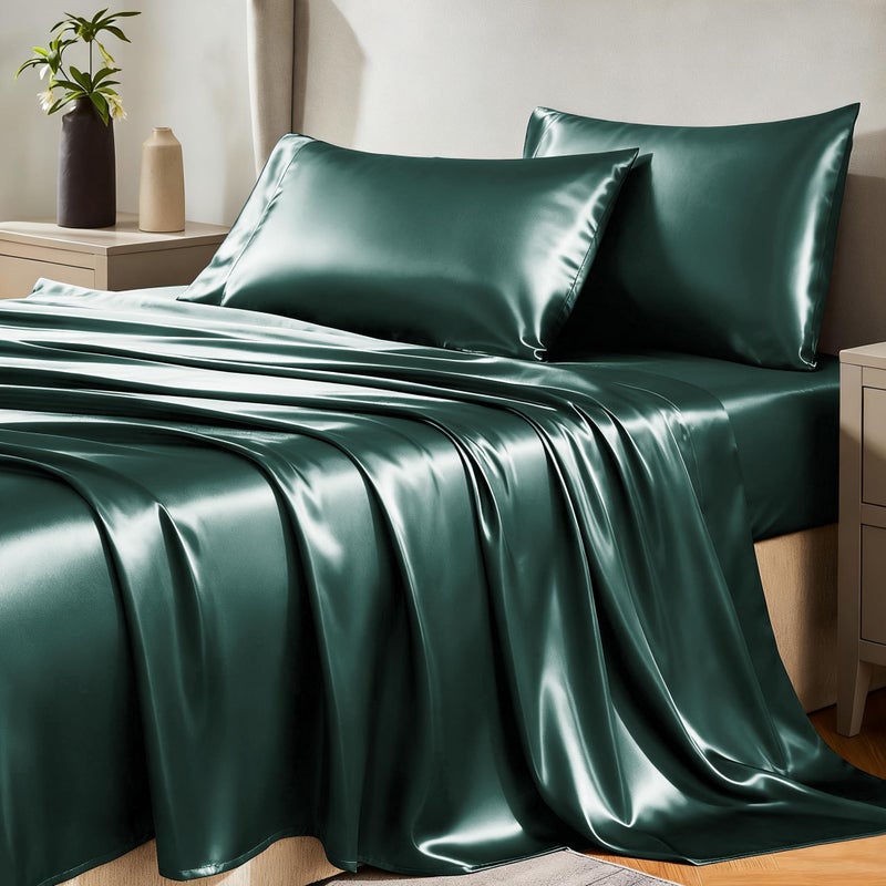 CozyLux Satin Sheets Queen Size Bed Set Silky Soft Bedding Similar to Silk 4 Piece Sheet Set for Hair and Skin Deep Pocket with AllAround Elastic Home Decor for Bedroom Deep Teal - Image 2