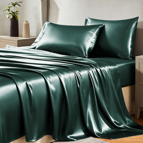 CozyLux Satin Sheets Queen Size Bed Set Silky Soft Bedding Similar to Silk 4 Piece Sheet Set for Hair and Skin Deep Pocket with AllAround Elastic Home Decor for Bedroom Deep Teal - Image 1