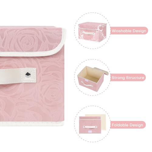 ANMINY Fabric Storage Bin with Lid Rose Print Storage Box Basket with PU Leather Handles Washable PP Plastic Board Decorative Foldable Lidded Shelf Cubes Closet Organizer Container Pink Small Size - Image 3
