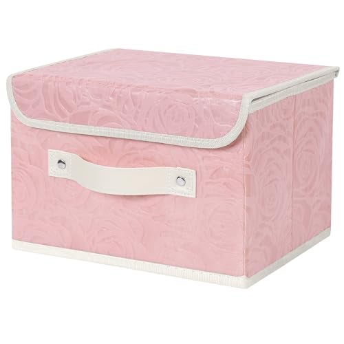 ANMINY Fabric Storage Bin with Lid Rose Print Storage Box Basket with PU Leather Handles Washable PP Plastic Board Decorative Foldable Lidded Shelf Cubes Closet Organizer Container Pink Small Size - Image 1