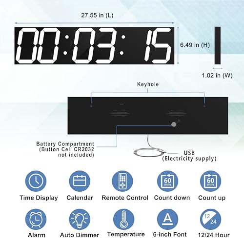 CHKOSDA Digital Wall Clock, Oversize Led Digital Clock with Auto Dimmer, Huge Countdown Timer with Remote Control, 27" Wide Led Display, 6 Digits, Wall Mount, Date and Temperature (White) - Image 2