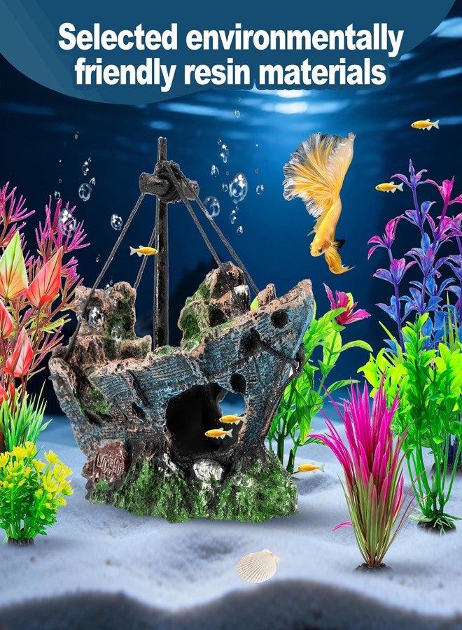 Xereooe 8Pcs Fish Tank Decorations Set Sunken Ship Decoration,Resin Material Fish Tank Accessories Accessories for Natural Look, Aquarium Shipwreck x 1pc, Aquatic Plants x 7pcs - Image 4