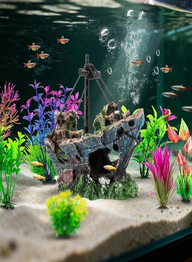 Xereooe 8Pcs Fish Tank Decorations Set Sunken Ship Decoration,Resin Material Fish Tank Accessories Accessories for Natural Look, Aquarium Shipwreck x 1pc, Aquatic Plants x 7pcs - Image 3