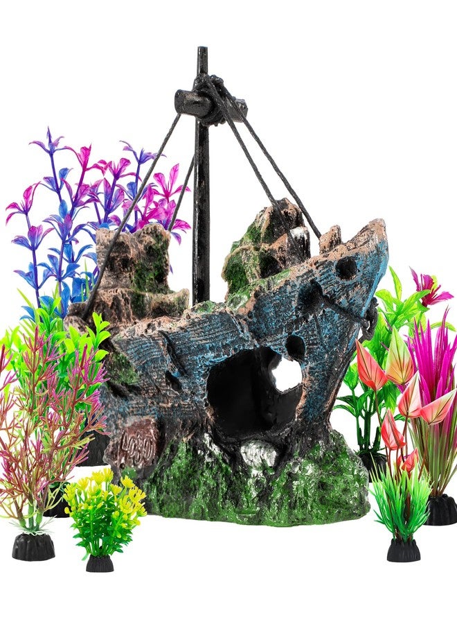 Xereooe 8Pcs Fish Tank Decorations Set Sunken Ship Decoration,Resin Material Fish Tank Accessories Accessories for Natural Look, Aquarium Shipwreck x 1pc, Aquatic Plants x 7pcs - Image 1