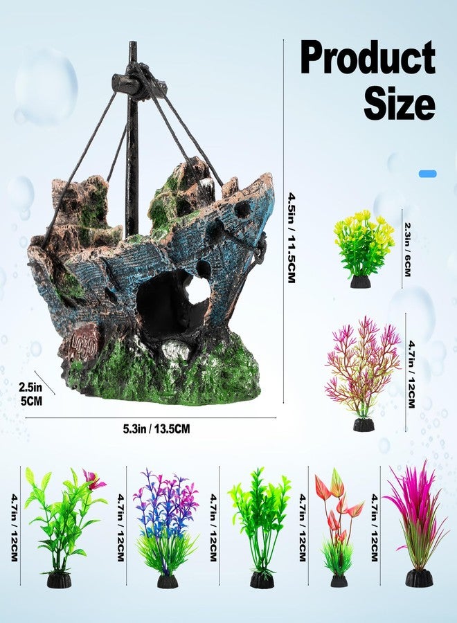 Xereooe 8Pcs Fish Tank Decorations Set Sunken Ship Decoration,Resin Material Fish Tank Accessories Accessories for Natural Look, Aquarium Shipwreck x 1pc, Aquatic Plants x 7pcs - Image 2
