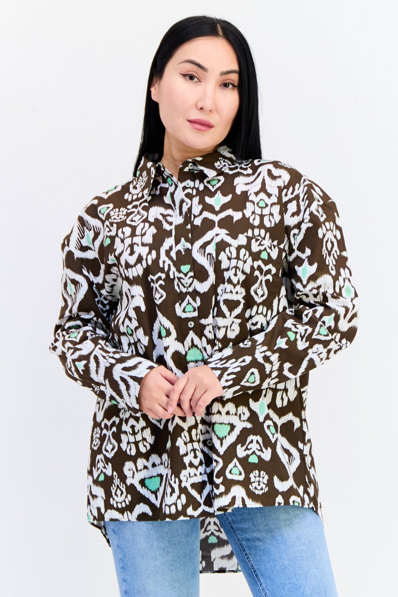 Another Sunday Women Spread Collar Long Sleeve Allover Print Shirt, Multicolor - Image 1