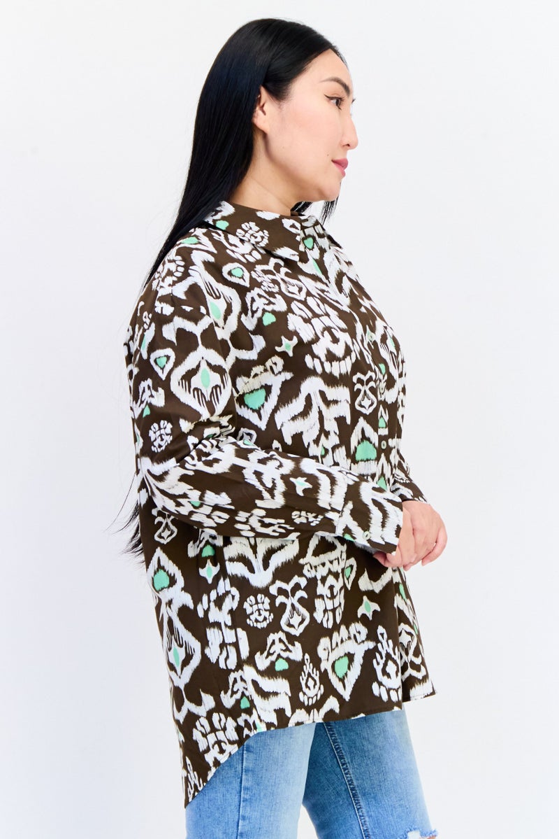 Another Sunday Women Spread Collar Long Sleeve Allover Print Shirt, Multicolor - Image 2