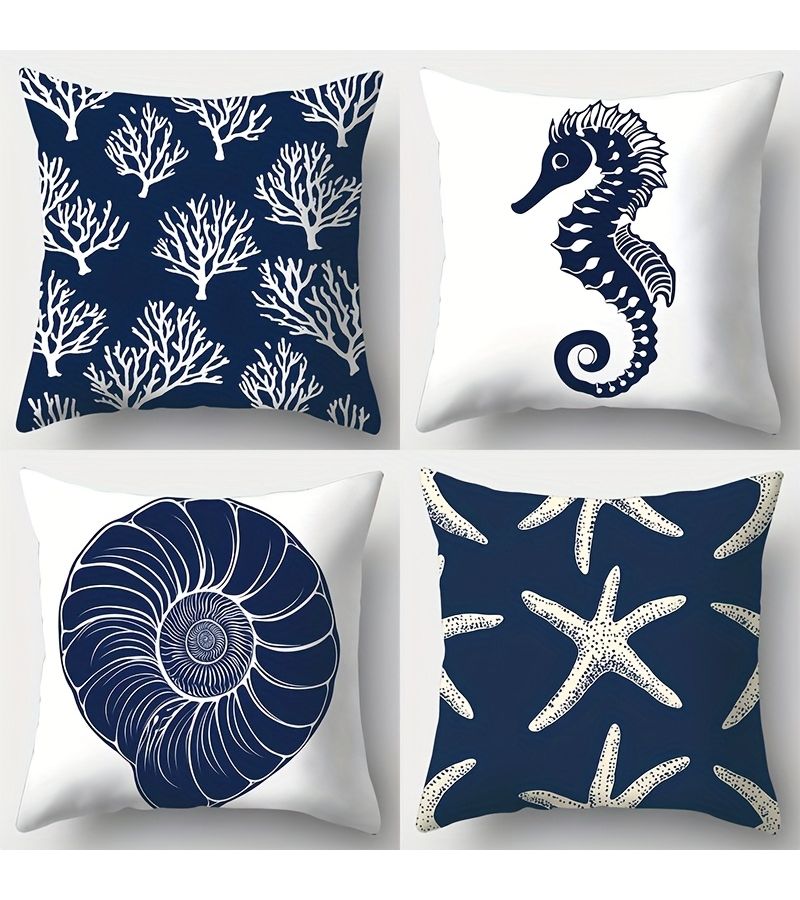 4pcs Nautical Marine Style Cushions Seahorse Starfish Ocean Patterns Blue White 45x45cm - Image 1