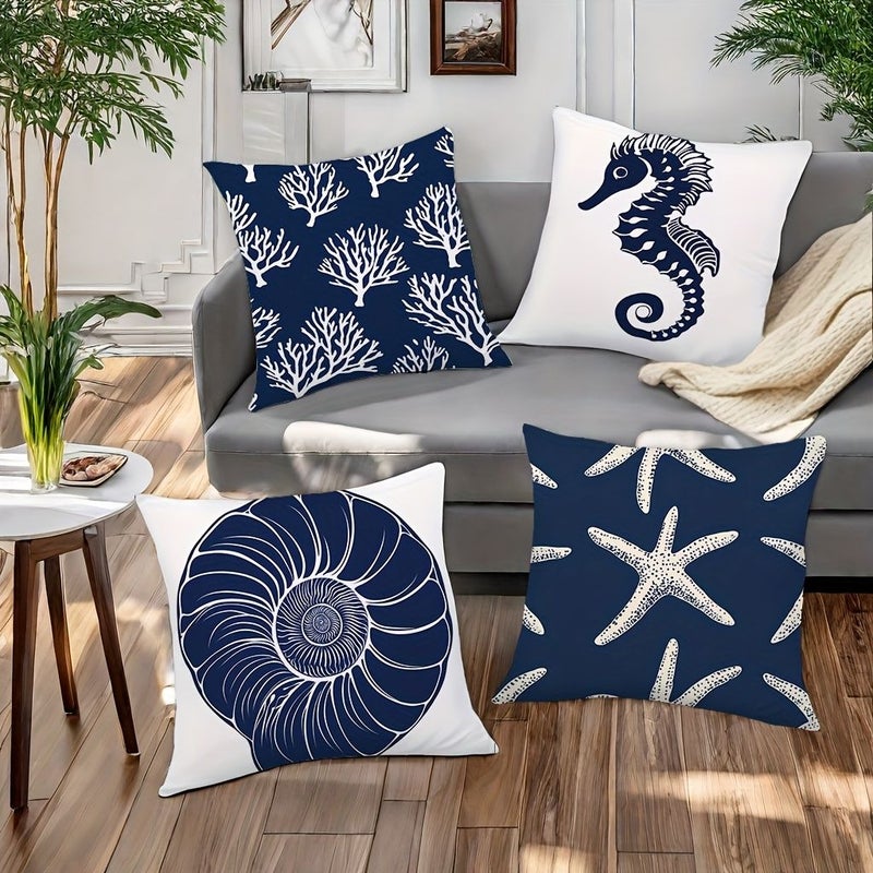 4pcs Nautical Marine Style Cushions Seahorse Starfish Ocean Patterns Blue White 45x45cm - Image 3