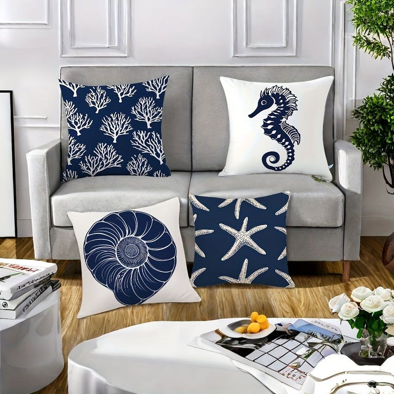 4pcs Nautical Marine Style Cushions Seahorse Starfish Ocean Patterns Blue White 45x45cm - Image 5