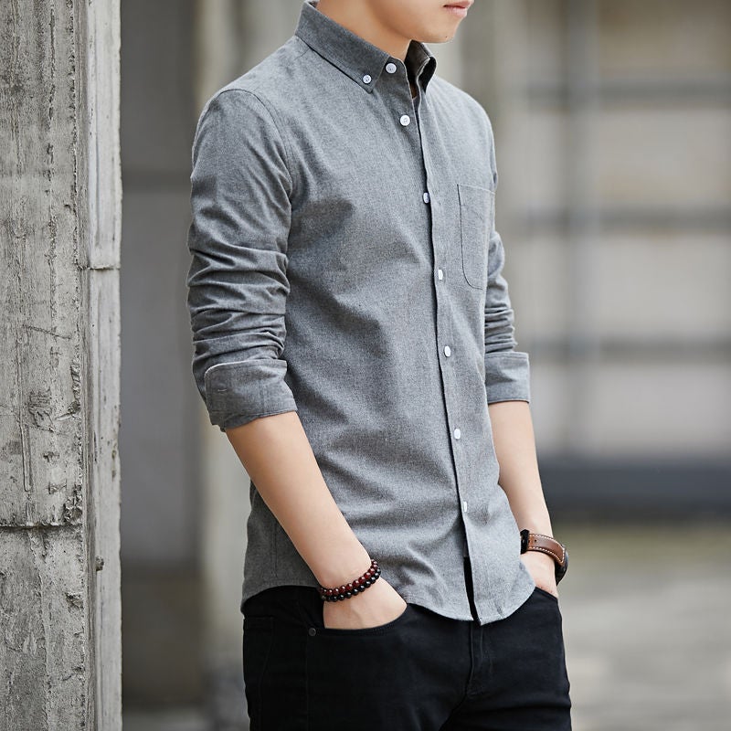 Generic Spring and Autumn Oxford Spinning Shirt Mens Long-sleeved Solid Color Youth Casual Students Slim-fit Korean Style Trendy Shirt Grey  - Image 1