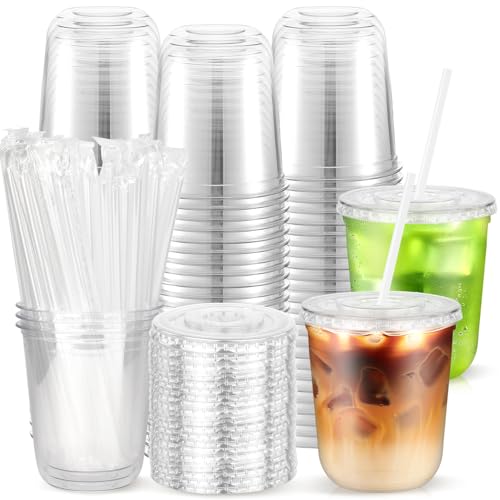 Etersky 50PCS 12 oz Clear Cups with Lids and Straws, Plastic Disposable Coffee Smoothie Milkshake Juice Cups To Go, Iced Drink Cold Beverage Cup for Home, Office, BBQ, Parties, Outdoor Events, Travel - Image 1