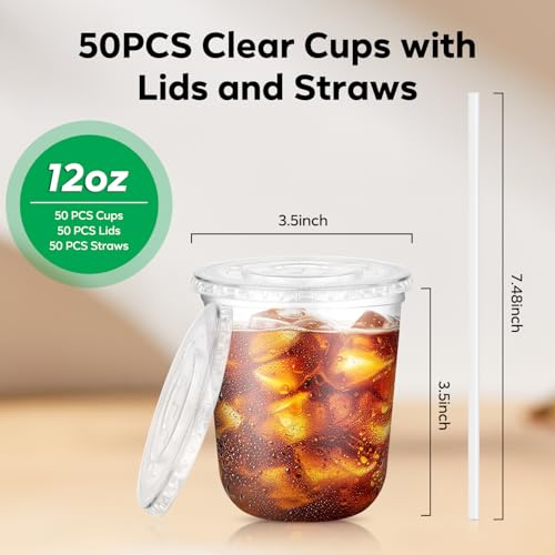 Etersky 50PCS 12 oz Clear Cups with Lids and Straws, Plastic Disposable Coffee Smoothie Milkshake Juice Cups To Go, Iced Drink Cold Beverage Cup for Home, Office, BBQ, Parties, Outdoor Events, Travel - Image 4