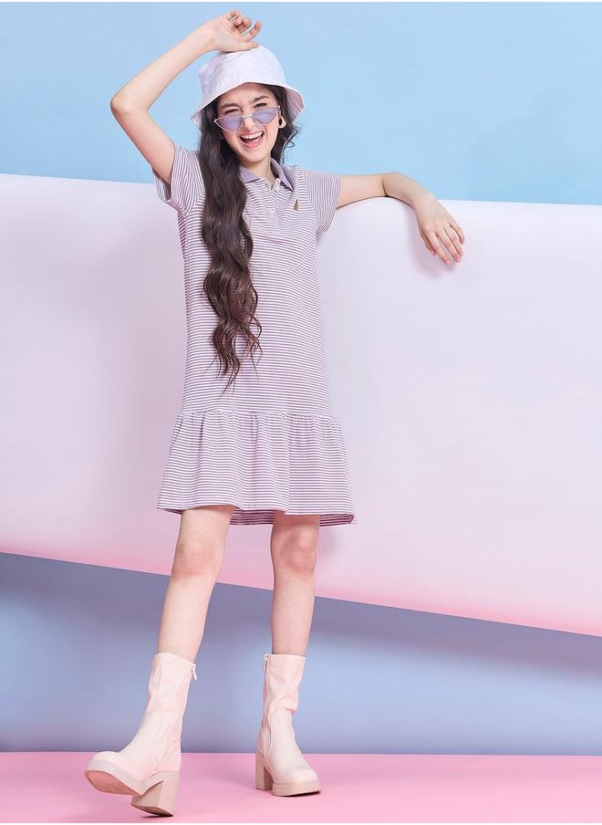 Stylo Bug - Striped Collared Half-Button Placket A-Line Dress by Styli - Image 1