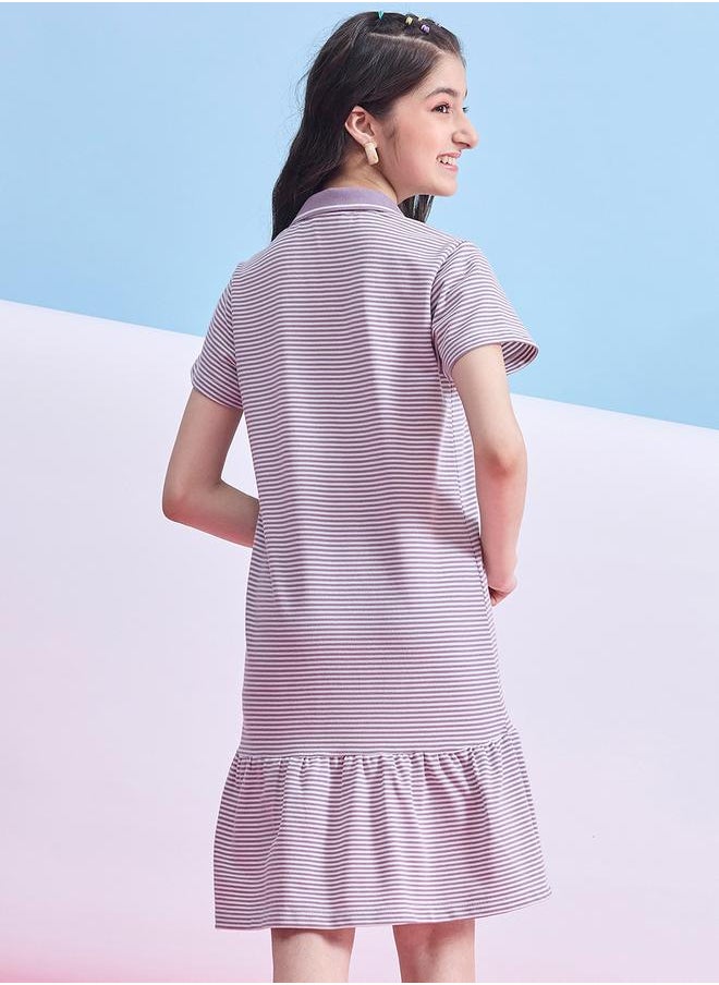 Stylo Bug - Striped Collared Half-Button Placket A-Line Dress by Styli - Image 1