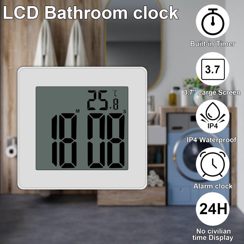 CENTOLLA Digital Shower Clock, Large LCD Display Waterproof Timer for Shower, Suction Cups for Home (White) - Only Military time and ℃ Display - Image 4