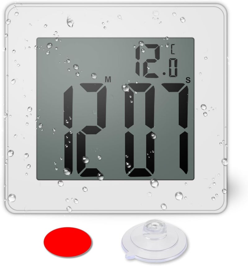 CENTOLLA Digital Shower Clock, Large LCD Display Waterproof Timer for Shower, Suction Cups for Home (White) - Only Military time and ℃ Display - Image 1